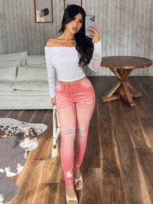 SHEIN PETITE Women's Casual Distressed Skinny Fit Denim Jeans - Pink - View 8