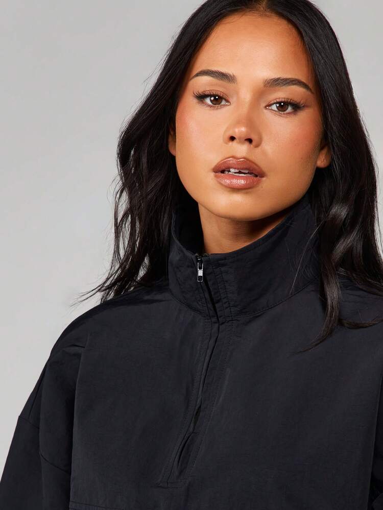 MISSGUIDED Funnel Neck Half Zip Pullover Windbreaker Jacket With Elastic Cuffs And Waistband For Fall Spring Layering Outerwear