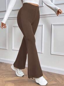 SHEIN PETITE Pantaloni evazați casual pentru femei, culoare solidă, talie înaltă, călduroși - Moca Brown - Vizualizare 5
