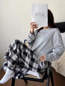 SHEIN 2件套纯色针织圆领长袖上衣和格子休闲裤女士睡衣套装，柔软舒适，冬季服装 - 淺灰色 - 查看 6