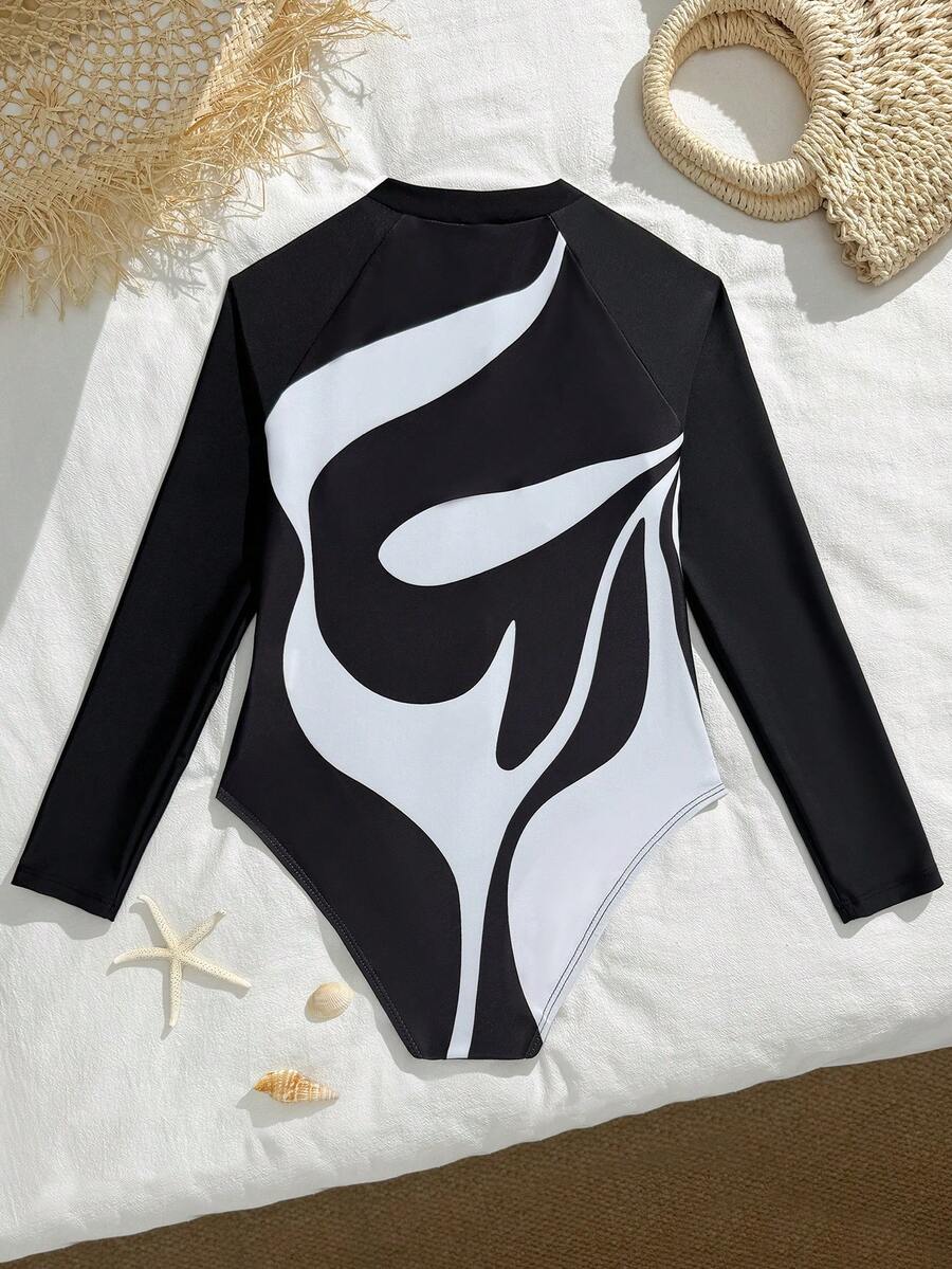 SHEIN 女童黑白印花连体泳衣，沙滩度假泳装