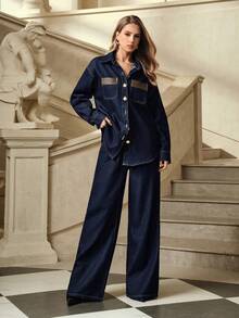 Selenza Women's Fashion Commuter Denim Top And Pants Set