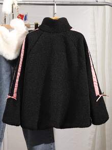 SHEIN Girls Casual Beige Fluffy Jacket With Bow Decor, Versatile For Commuting - Black - View 2