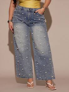 Slaydiva 大码女式珍珠装饰口袋阔腿宽松休闲牛仔裤 - 藍色 - 查看 6