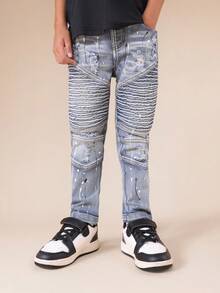 SUMWON Boys Distressed Ribbed Moto Jeans With Paint Splatter Details And Ripped Knee Design For Casual Summer Wear - Light Wash - View 4