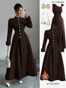 Elenzga New Women's Stand Collar Long Sleeve Faux Rabbit Fur Cuff Splice Double-Sided Woolen Fabric Open Front Design Waist A-Line Casual Daily Versatile Young Elegant Ladies Wool Long Coat, Autumn/Winter - Coffee Brown - View 1