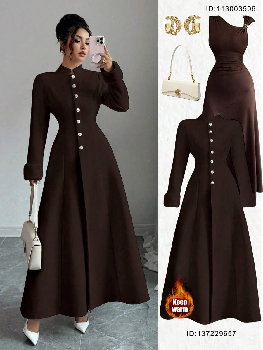 Elenzga New Women's Stand Collar Long Sleeve Faux Rabbit Fur Cuff Splice Double-Sided Woolen Fabric Open Front Design Waist A-Line Casual Daily Versatile Young Elegant Ladies Wool Long Coat, Autumn/Winter - Coffee Brown - View 1