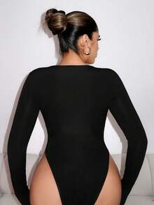 VaVaBold 女士长袖深 V 领交叉系带紧身衣 - 黑色 - 查看 2