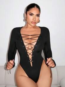 VaVaBold 女士长袖深 V 领交叉系带紧身衣 - 黑色 - 查看 3