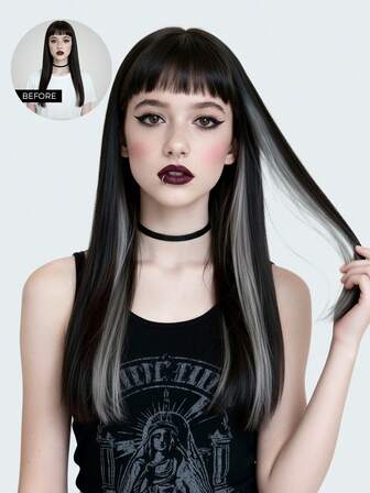 Grunge Punk Colored Clip In Hair Extensions 100% Real Human Hair 18 Inch 3Pcs Grey Invisible Straight Highlight Colorful Hairpieces Rainbow Hair Extension For Women/Girls