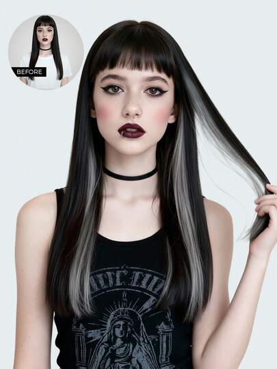 Grunge Punk Colored Clip In Hair Extensions 100% Real Human Hair 18 Inch 3Pcs Grey Invisible Straight Highlight Colorful Hairpieces Rainbow Hair Extension For Women/Girls