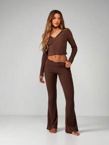 MISSGUIDED 罗纹喇叭紧身裤，蕾丝边饰，高腰喇叭裤，秋冬休闲服 - 咖啡棕 - 查看 3