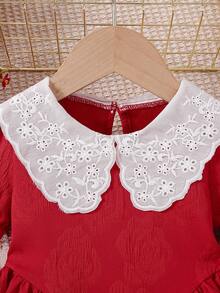 SHEIN Baby Girls' Ruffle Collar Puff Sleeve A-Line Dress Red And White Summer Cute Elegant Birthday Party Gown With Side Pleats Infant Fashion Photo Shoot - Red - View 11