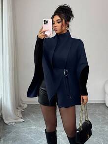 SHEIN Clasi 女士时尚卡其色斗篷披肩围巾腰带装饰外套 - 寶藍色 - 查看 4