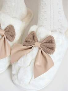 ROMWE Kawaii 女士蝴蝶结室内拖鞋，舒适温暖的秋冬季家居拖鞋，适合家庭、客厅、宿舍 - 咖啡棕 - 查看 3