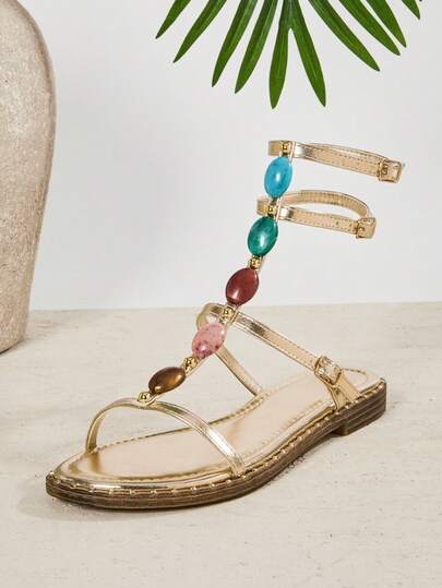 SHUZIA Women's Multi-Stone Decor Vegan Leather Gold Strappy Gladiator Sandals – Colorful, & Resort-Chic.