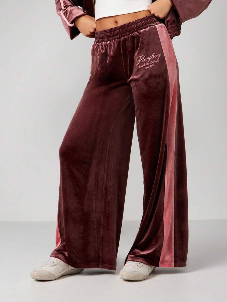 Missguided x Playboy Luxurious Velvet Joggers With Side Stripe Detail And Logo Embroidery For Casual Winter Loungewear