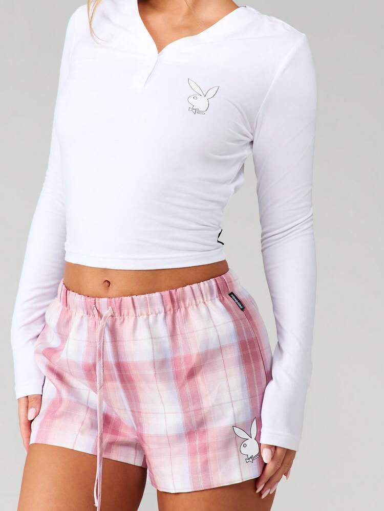 Missguided x Playboy Christmas Button Detail Long Sleeve Crop Top And Plaid Check Shorts Pajama Set For Loungewear Sleepwear Comfort Nightwear