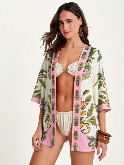 CAJUNI 女士休闲热带度假水彩佩斯利棕榈树花卉粉色杏色印花开襟七分袖和服罩衫