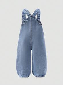 SHEIN Washed Denim Bib Pants For Baby Girls, Floral Print Loose Jumpsuit Toddler Jean With Flowers Baby Jeans Baby Flower Outfit - Blue - View 2