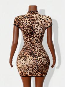 Mistrie Stylish Short Sleeve Mandarin Collar Bodycon Dress Animal Print Mini With Front Keyhole - Multicolor - View 2