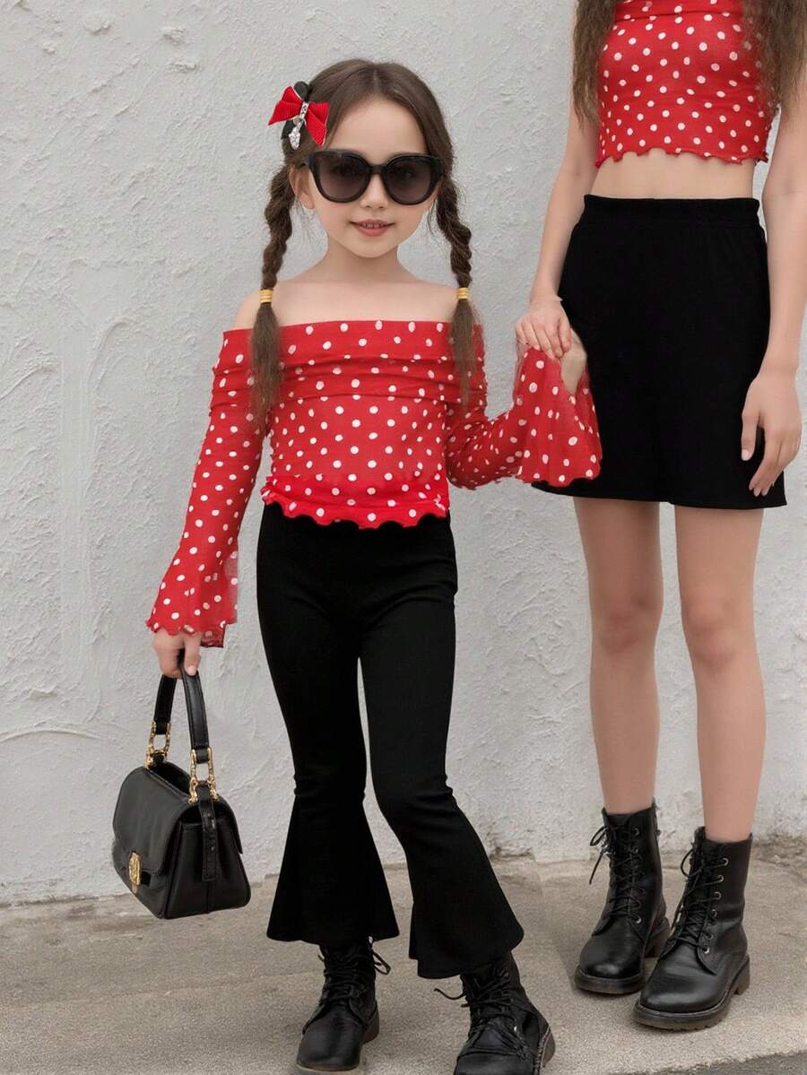 SHEIN Conjunto de Top de Manga Longa Assimétrica com Estampa de Onça e Calça Flare Casual para Meninas, Confortável e Minimalista - Multicolorido - Visão 1