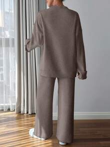 Women Button Detailed Sweater And Pant Set - Rust Brown - View 2
