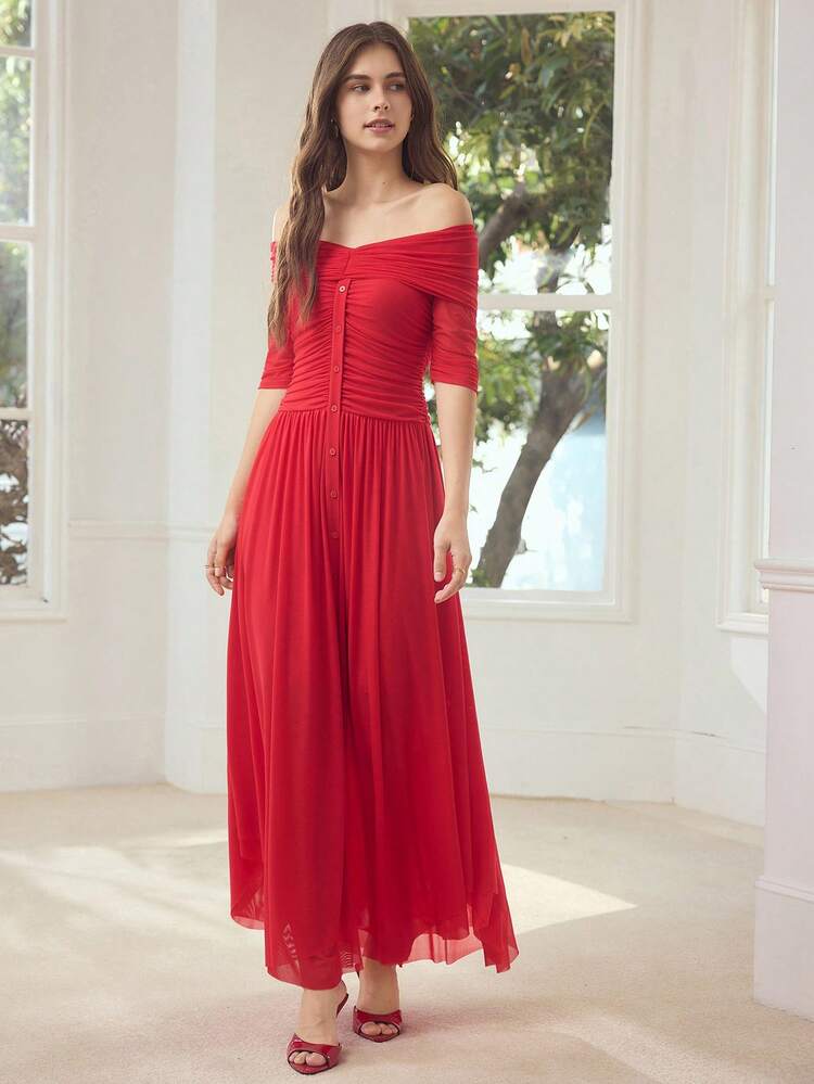WOMEN'S OFF SHOULDER FLARED MIDI DRESS, SLIMMING AND ELEGANT, SUITABLE FOR AUTUMN/WINTER