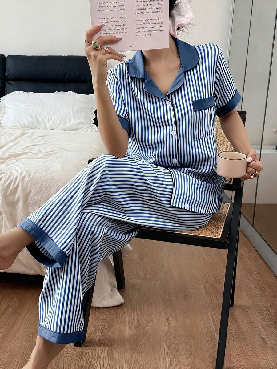 SHEIN Bubble Crinkle Patchwork Short Sleeve & Pants Women Pajama Set - 藍白色 - 查看 1