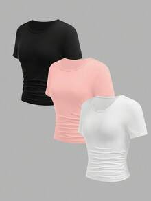 SHEIN Bộ 3 áo thun tay ngắn dáng ôm, màu trơn, thanh lịch, kiểu dáng thường ngày, có chi tiết nhún eo, phối nhiều màu sắc, phù hợp cho thanh thiếu niên và phụ nữ, thích hợp cho ngày Valentine. - Hồng - Xem 3