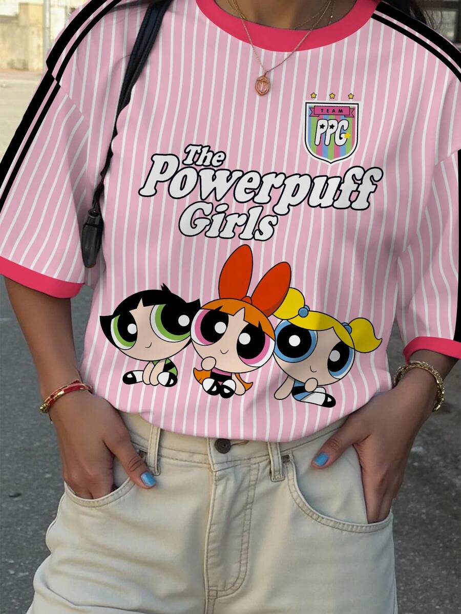 THE POWERPUFF GIRLS X SHEIN Tween Girl Striped And Blossom, Bubbles, Buttercup Pattern Short Sleeve T-Shirt - White - View 1