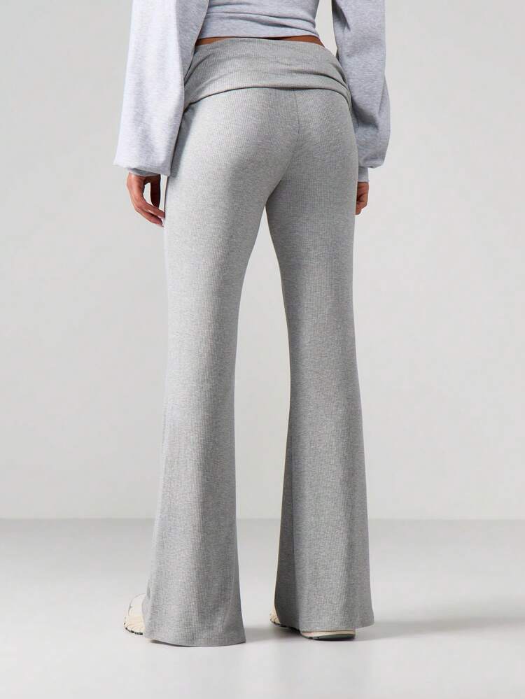 MISSGUIDED High Rise Ribbed Knit Folded Waistband Flare Leggings With Button Details Wide Leg Casual Comfort Pants Fall Winter Loungewear