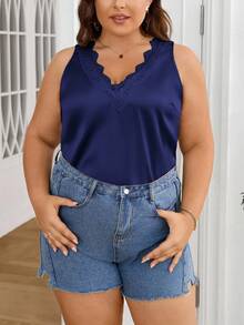 SHEIN Privé Elegant V-Neck Lace Splice Glossy Sleeveless Plus Size Blouse, Suitable For Office, Casual Outing, Travel & Holiday, Summer - Navy Blue - View 4