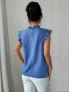 Selianne Blusa elegante de mujer con cuello de volantes, mangas cortas y color lino azul - Azul - Ver 2