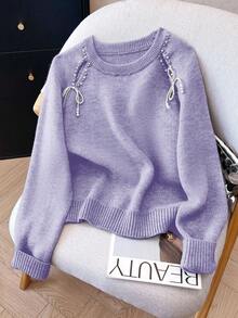 Franclia 宽松版型女士串珠镂空插肩袖毛衣 - 紫色 - 查看 5