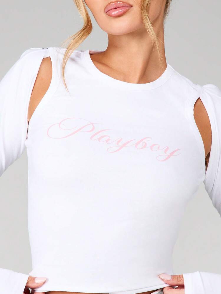 Missguided x Playboy Cut Out Long Sleeve Pink Script Graphic Cropped White Top Casual Fall Winter Style