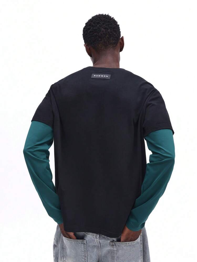 SUMWON Double Layer Long Sleeve Crew Neck T-Shirt With Contrast Sleeves Shrunken Fit Color Block Design Casual Layered Look Top Plain