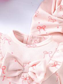 Newborn Baby Girl Pink Bow Print Romper With Ruffles, Footie Pajamas & Hat Set