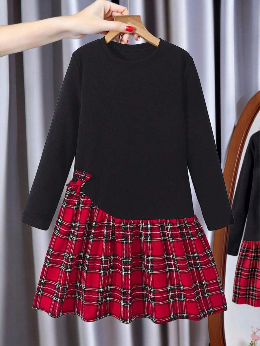 Girls' Digital Print Plaid Patchwork Bow Long Sleeve Dress, Suitable For Holidays, Outings, School, And Street Style - Black - View 1