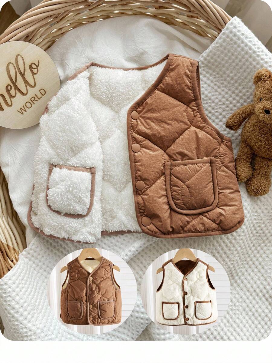 SHEIN Unisex Baby Casual All-Match Reversible Cotton Padded Vest Jacket, Suitable For Autumn/Winter Wear, Indoor And Outdoor Baby Coats - Khaki - View 1