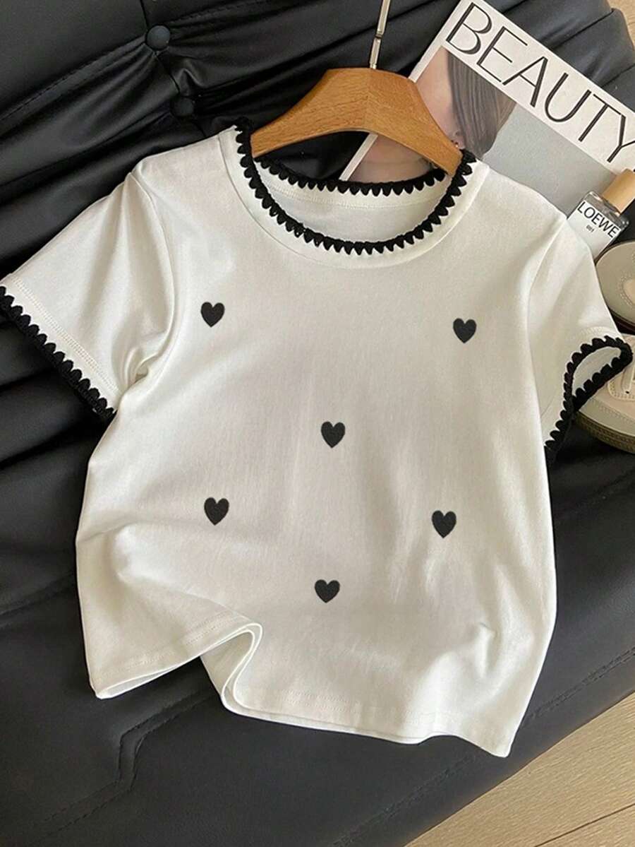 SHEIN Áo thun ngắn tay nữ kiểu dáng thường ngày, đa năng, in hình trái tim, viền tương phản, thích hợp cho việc đi làm hàng ngày, mùa hè. - trắng - Xem 1