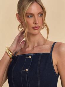 COSMINA Denim 女士金属单排扣时尚吊带牛仔上衣 - 藍色 - 查看 7