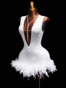 Amplova Đầm dự tiệc mini bodycon cổ chữ V khoét sâu không tay đính đá và lông vũ - trắng - Xem 7