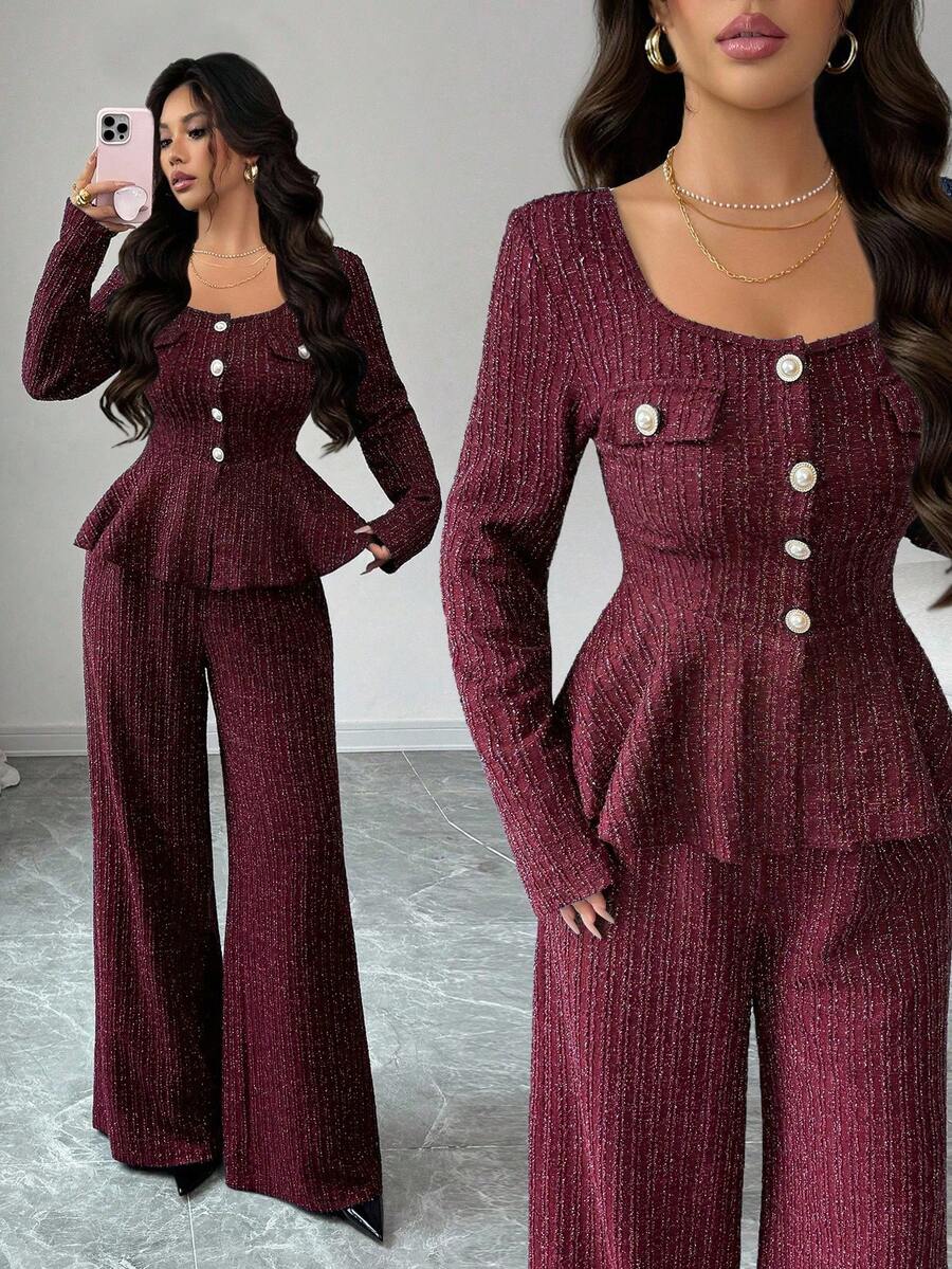 SHEIN Elenzya 秋冬新款加厚斜纹软呢银线两件套，法式浪漫优雅女士设计，分领腰部荷叶边下摆长袖开衫+高腰直筒裤，适合独立日穿着 - 酒紅色 - 查看 1