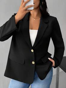 Hourglow Allicaitlin Plus Size Casual Versatile Solid Color Blazer In Fall/Winter, For Hourglass Body Shape - Black - View 7