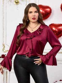 EMERY ROSE Plus Size Women Patchwork Ruffle Flare Sleeve Loose Elegant Blouse/Valentine's Day Spring Break Holiday - Red - View 3