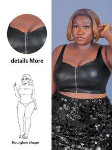 CurvyTilda 大码时尚性感纯色前拉链修身短款背心，夏季必备 - 黑色 - 查看 1