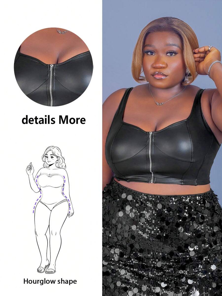 CurvyTilda 大码时尚性感纯色前拉链修身短款背心，夏季必备 - 黑色 - 查看 1