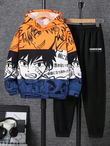 SHEIN Bộ đồ hoodie và quần nỉ in họa tiết hoạt hình đường phố dành cho bé trai tuổi teen, thích hợp mặc đi làm, đi học, mặc thường ngày, thể thao, mùa thu/đông, quần áo anime cho bé trai, bộ đồ thể thao anime cho bé trai, áo hoodie và quần nỉ 2 món cho bé trai tuổi teen, bộ hoodie và quần nỉ anime, thời trang đường phố - màu đen - Xem 7