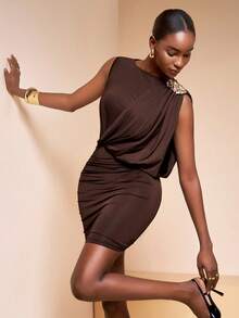 Zivah Women's Elegant Brown And Gold Summer Chocolate Knit Draped Dress,Bar Party One Shoulder Metal Decor Button Ruffle Hips Slit High-End Mini Skirt Dress - Brown - View 7